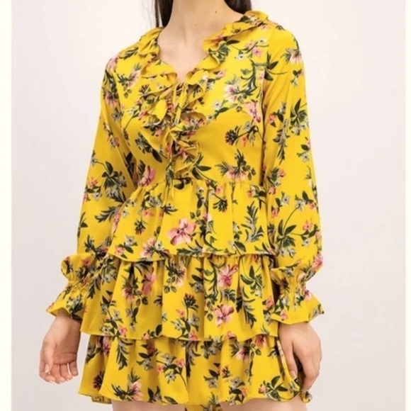 Avec Les Filles Marigold Mustard Yellow Floral Ruffle Detail Mini Dress - Picture 1 of 16